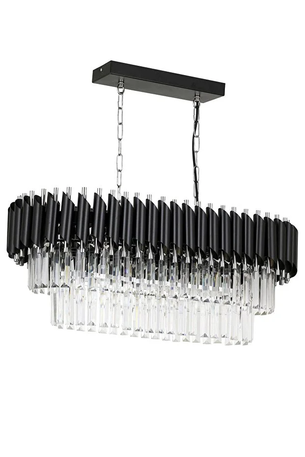 Palmira 75x35 Cm Kristal Taşlı Lüks Yemek Masası Üstü Avize 6'lı - (SİYAH-KROM)